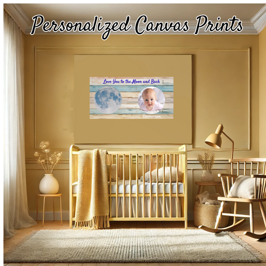 Love You to the Moon and Back Personalized Canvas Print for New Baby add name, date and a photo great gift for new parents or grandparents holidays